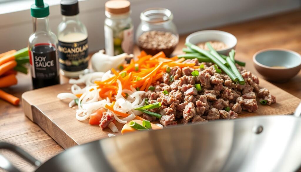 Mongolian Ground Beef Stir Fry Preparation