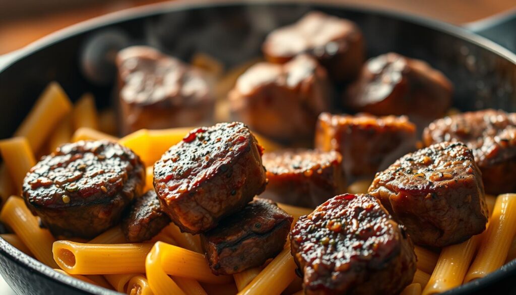 Searing Steak Bites for Cheesy Pasta